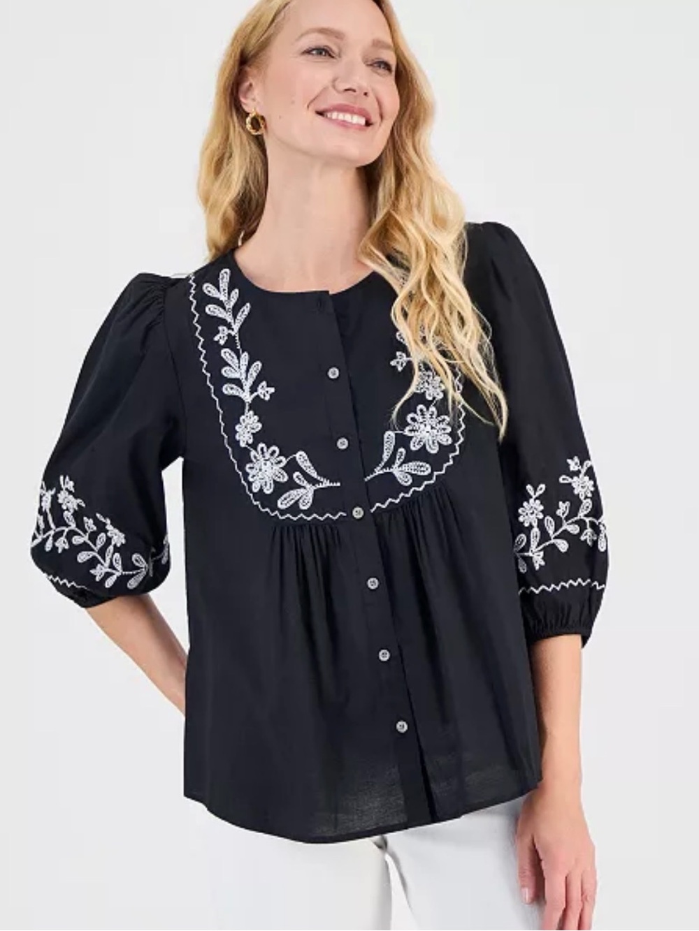 048- Style & Co Cotton 3/4 Puff Sleeve Embroidered Button Blouse Top Size 0X
